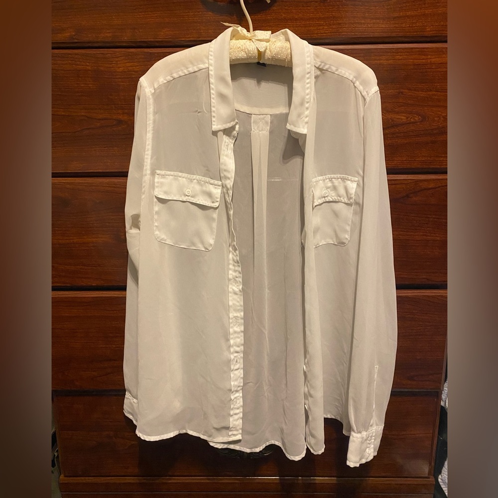 AEO White Sheer Cuffed Blouse